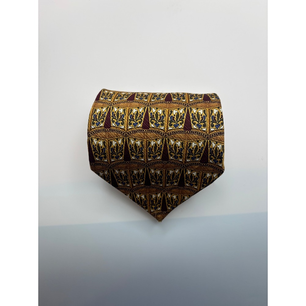 The Forbes Collection Mens Silk Tie Gold Burgundy Floral Geometric Hand Made